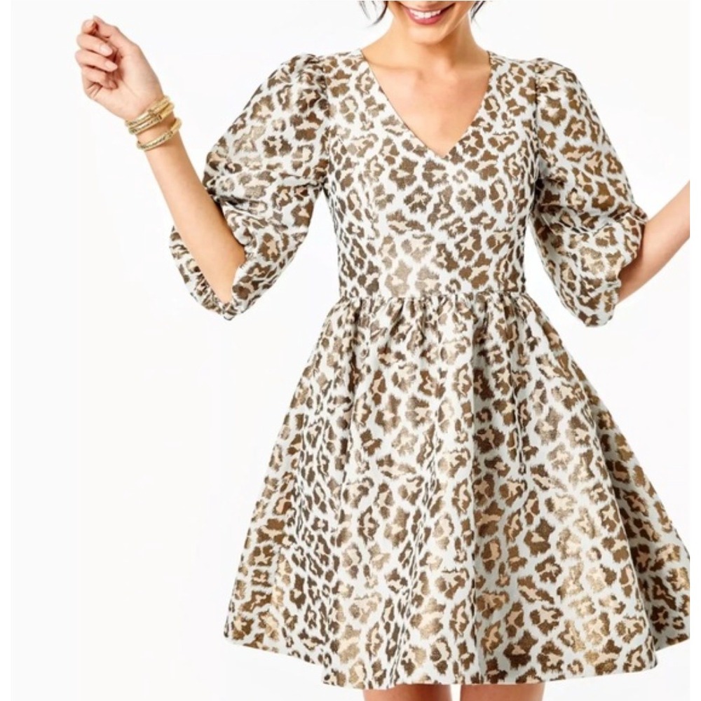 Lilly Pulitzer Leopard Calyssa Metallic Jacquard Puff Sleeve Dress Gold Silver 4